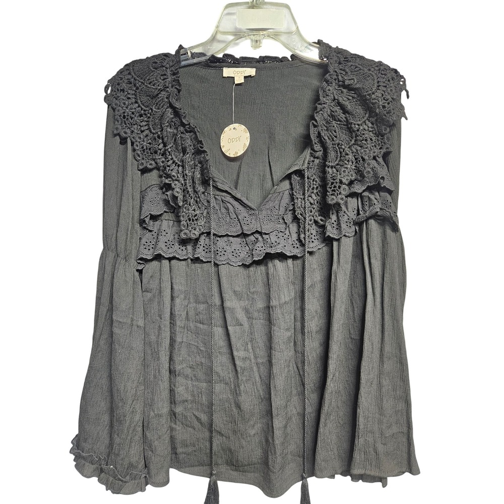 ODDI Womens Charcoal Grey Crochet Lace Eyelet Ruffle Boho Blouse IT12503 Small